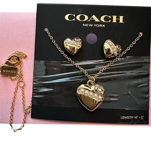 coach gold and pearls heart necklace and earrings NWT